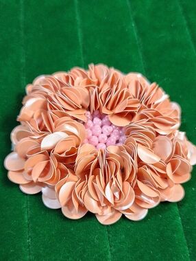 Vintage 1980s Statement Flower Brooch Peach Sequin Floral Pin Bold Runway Style